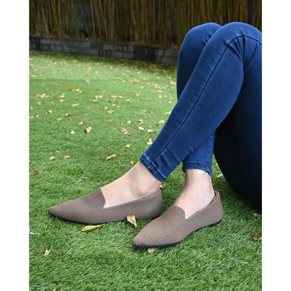 Brown Faux Suede Slip-On Knit Ballet Flats for Dressy Casual Office Work - Picture 6 of 8